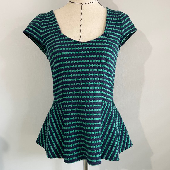 EUC Anthropologie Postmark Green Blue Peplum Top Women's‎ Medium - Picture 1 of 8